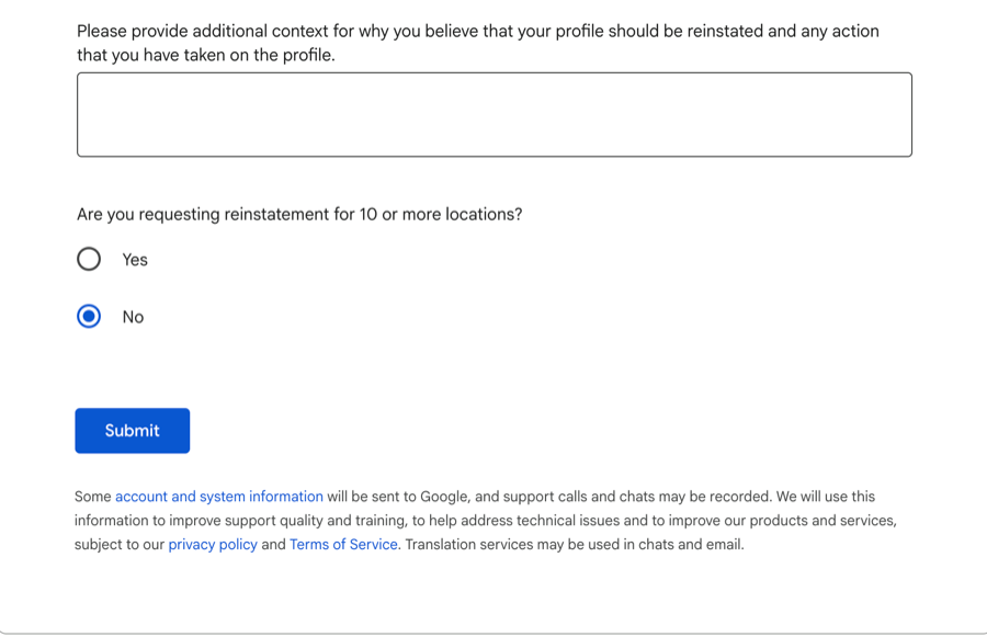 The Google Business Profile appeal form