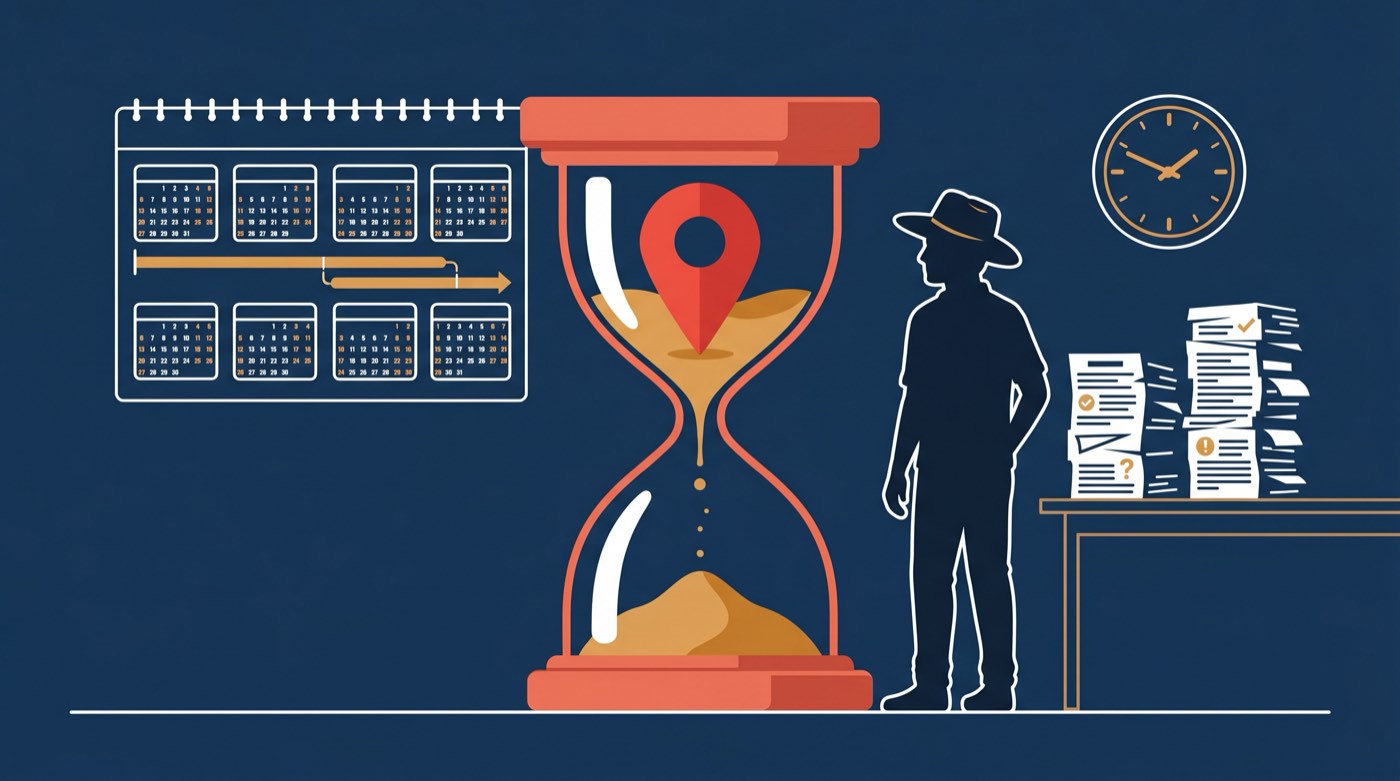 Processing delays for Australian GBP appeals, hourglass with documents and calendar