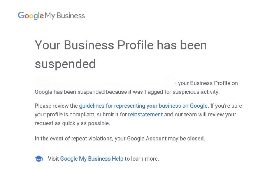 Google Business Profile suspended notice — suspicious activity